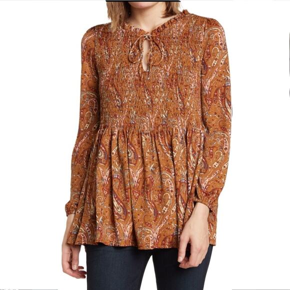 Melloday Women Smocked Peplum Top L boho Floral Cottage Country Fall - Picture 1 of 14